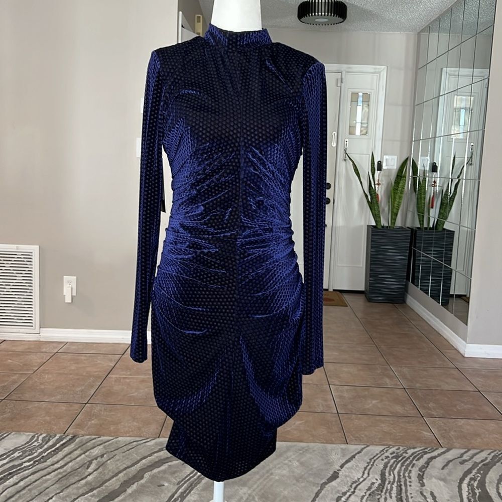 Marciano Guess Draped Dark Blue Velvet Long Sleeve Mini Dress M